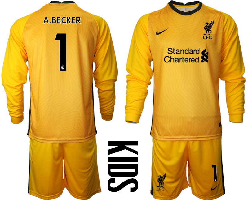 2021 Liverpool yellow goalkeeper Youth long sleeve #1 soccer jerseys->youth soccer jersey->Youth Jersey